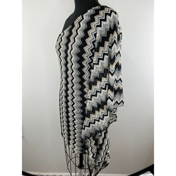 TBags Los Angeles Beige Black Chevron One Shoulder Fringe Dress Coverup XS - Picture 2 of 10